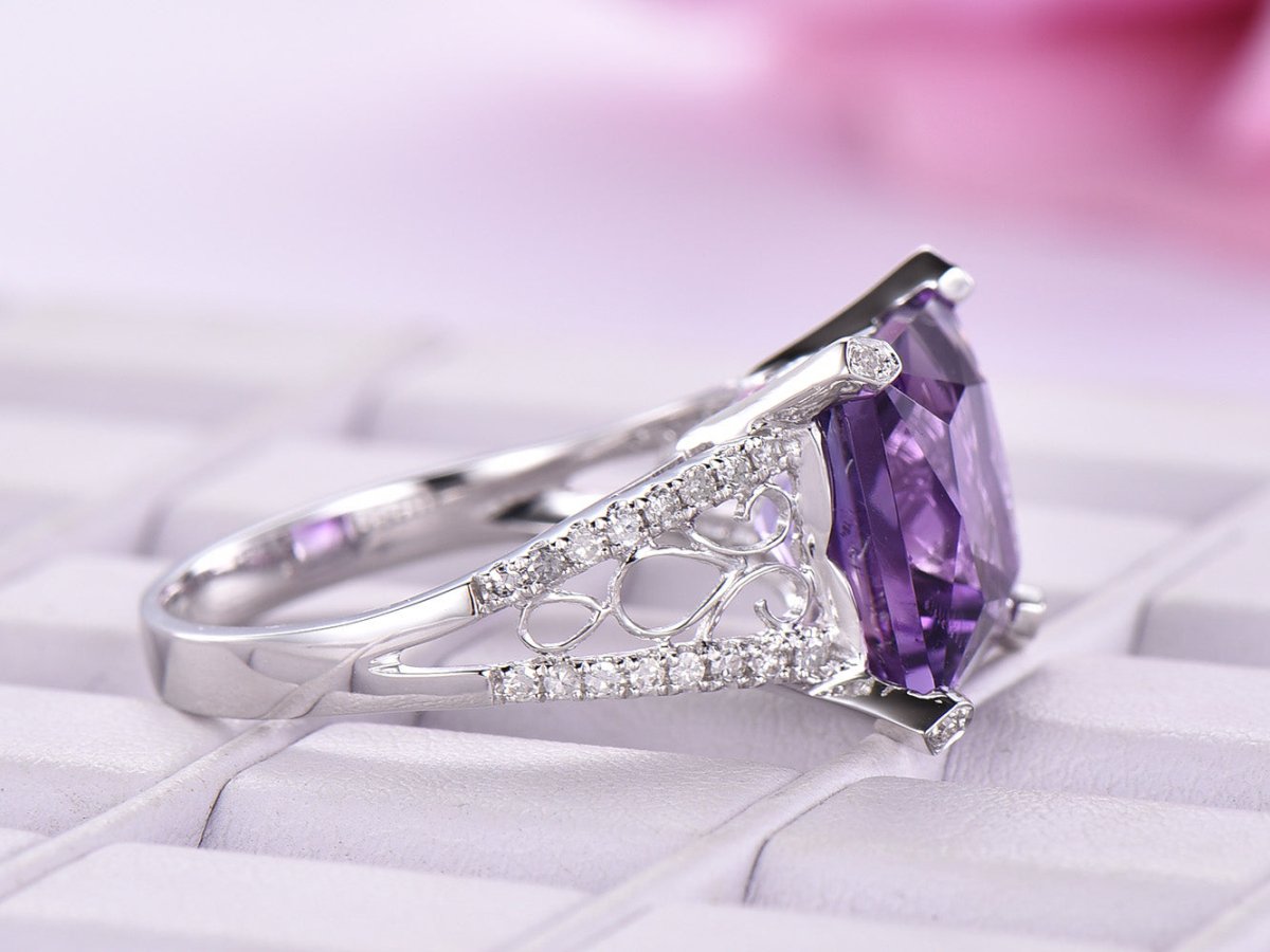 Princess Amethyst Diamond Floral Engagement Ring 14k White Gold - Lord of Gem Rings