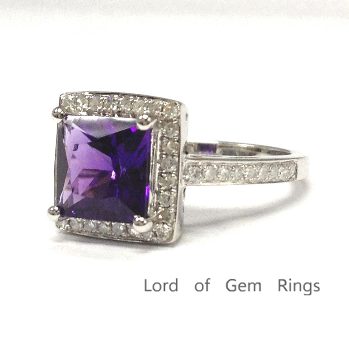 Princess Amethyst Diamond Halo Ring 14K White Gold - Lord of Gem Rings