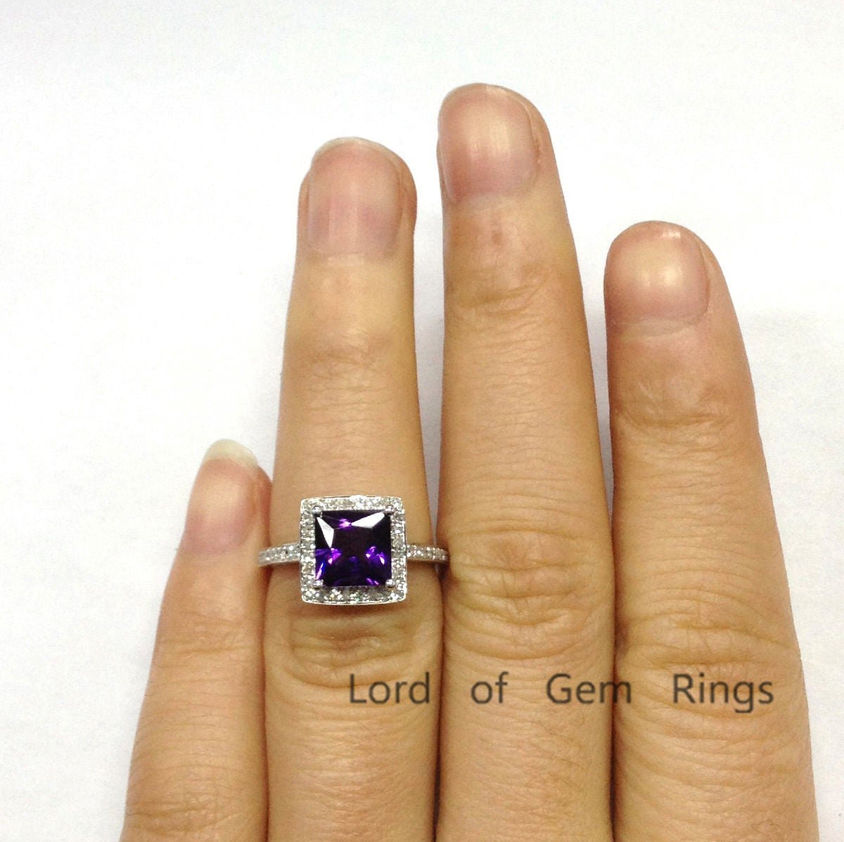 Princess Amethyst Diamond Halo Ring 14K White Gold - Lord of Gem Rings