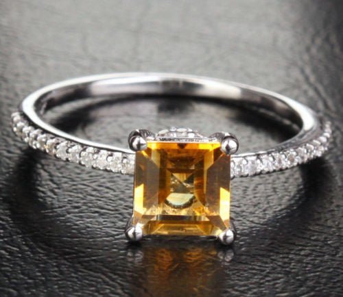 Princess Citrine Engagement Diamond Hidden Halo Ring 14K Gold - Lord of Gem Rings