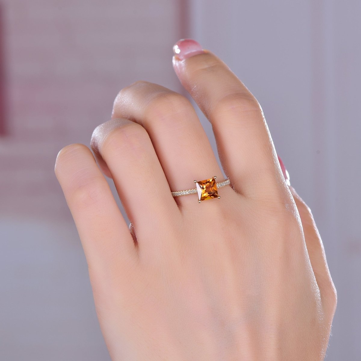 Princess Citrine Engagement Diamond Hidden Halo Ring 14K Gold - Lord of Gem Rings