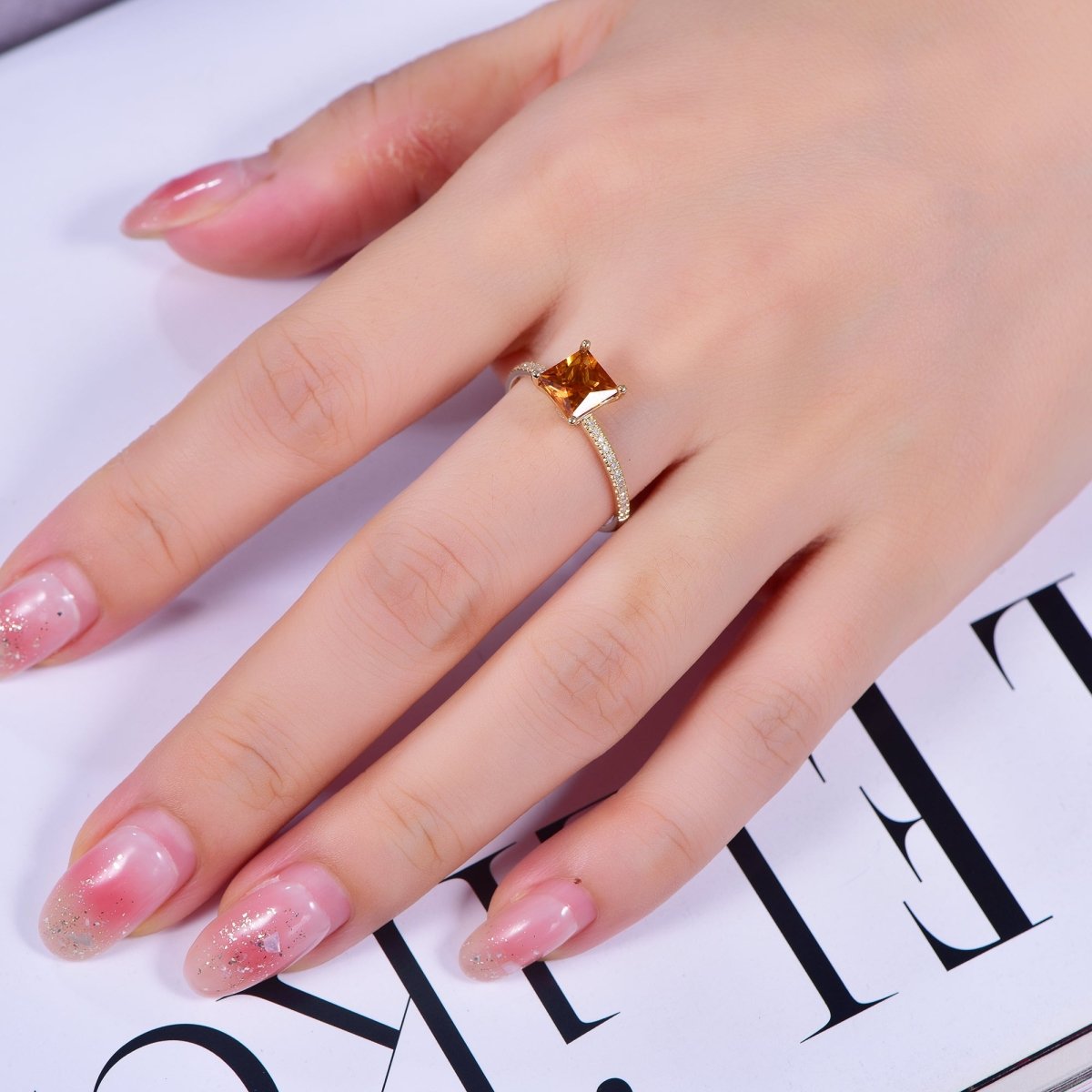 Princess Citrine Engagement Diamond Hidden Halo Ring 14K Gold - Lord of Gem Rings