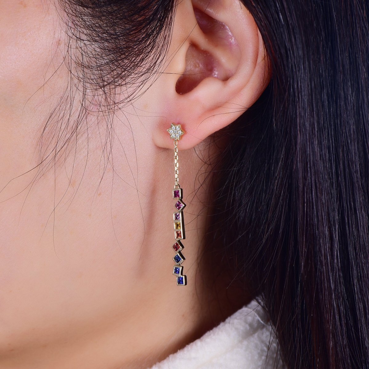 Princess Colorful Gemstone Earrings Stud Drop in 14K Gold - Lord of Gem Rings