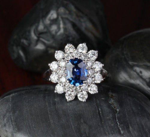 Princess Diana Oval Sapphire Diamond Double halo Ring 18k White Gold - Lord of Gem Rings