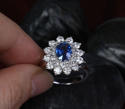 Princess Diana Oval Sapphire Diamond Double halo Ring 18k White Gold - Lord of Gem Rings