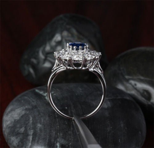 Princess Diana Oval Sapphire Diamond Double halo Ring 18k White Gold - Lord of Gem Rings
