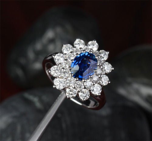 Princess Diana Oval Sapphire Diamond Double halo Ring 18k White Gold - Lord of Gem Rings