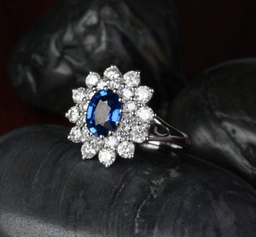 Princess Diana Oval Sapphire Diamond Double halo Ring 18k White Gold - Lord of Gem Rings