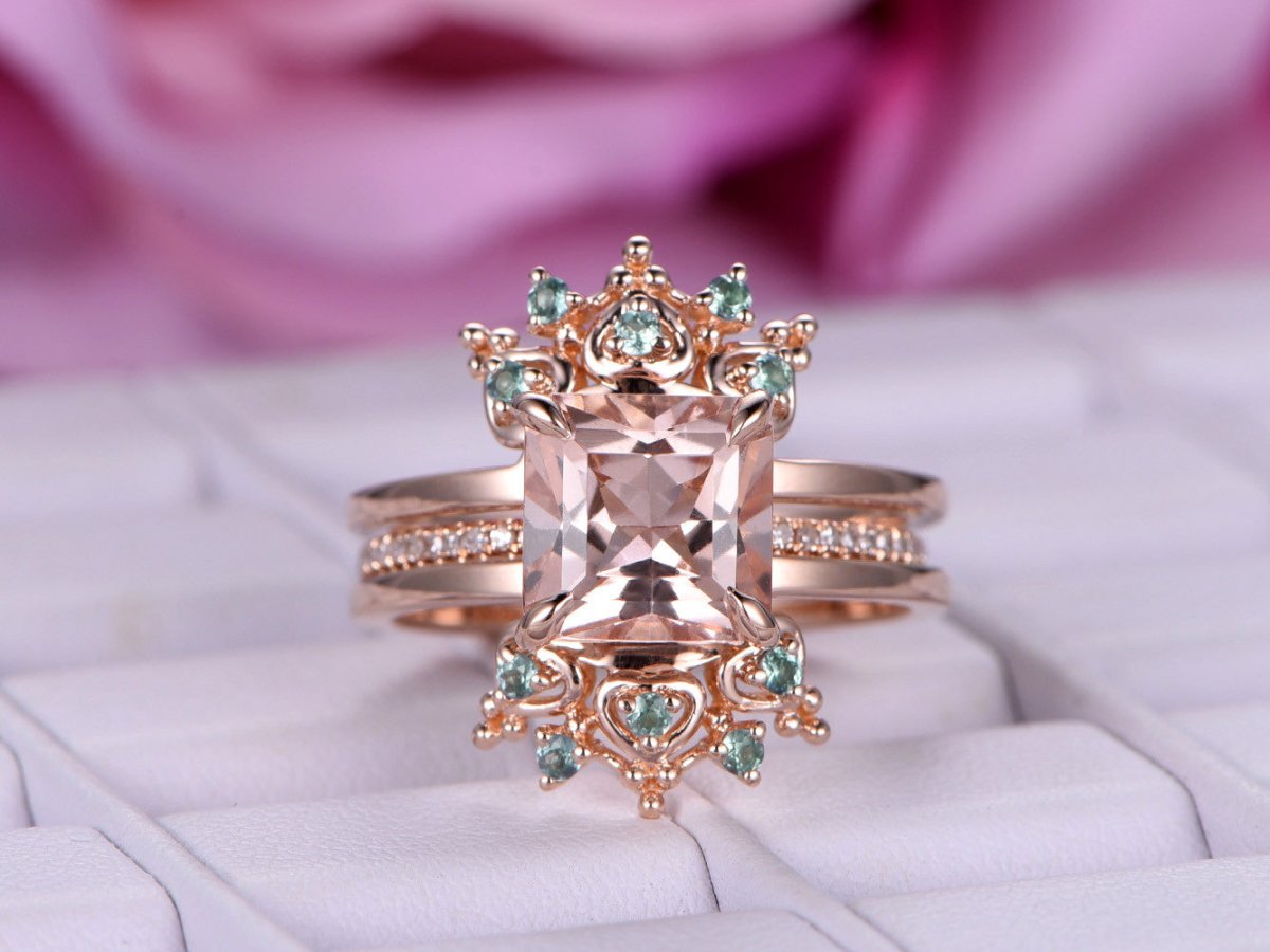 Princess Morganite Engagement Ring Alexandrite Tiara Bridal Set