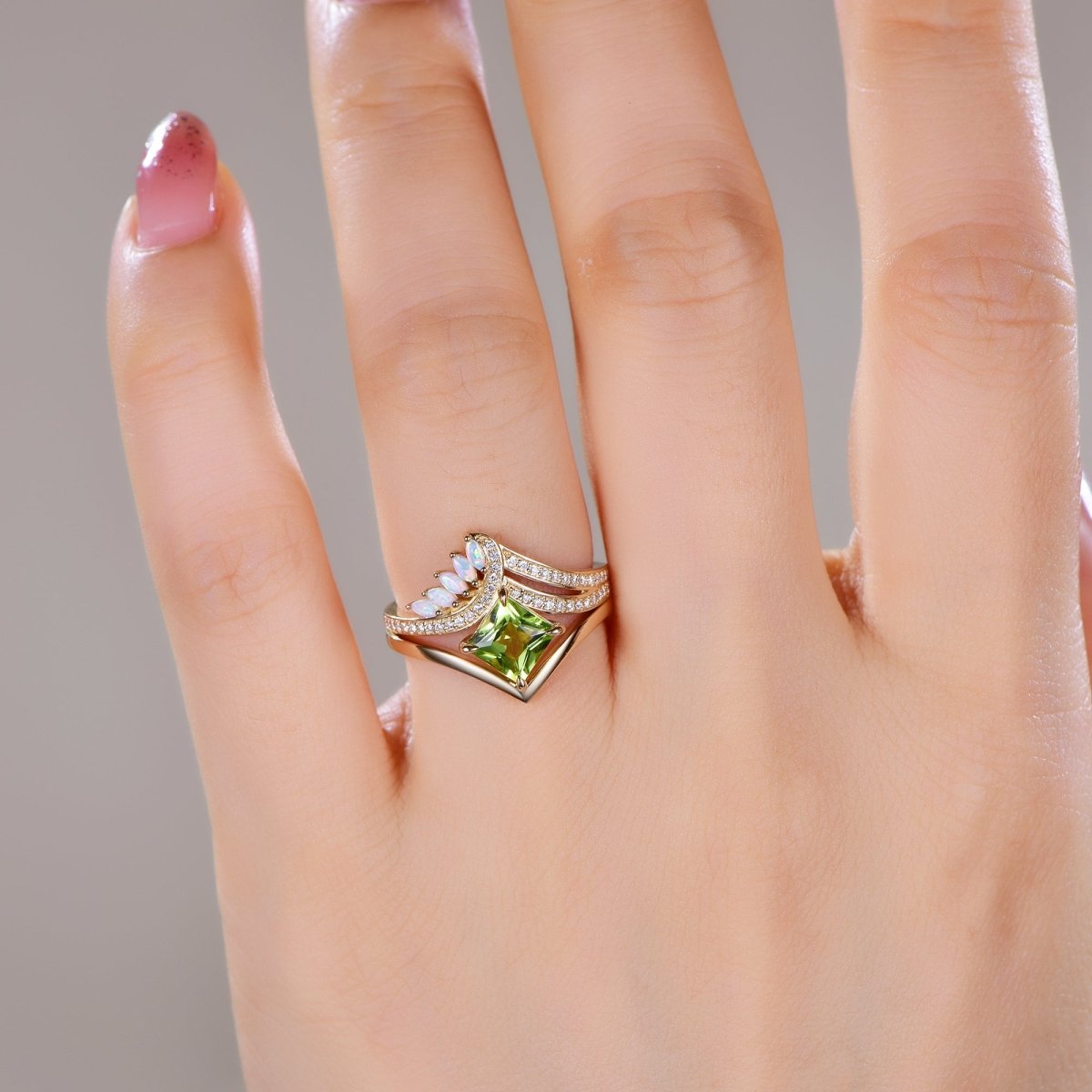 Princess Peridot Marquise Opal Bridal Set 14K Gold - Lord of Gem Rings