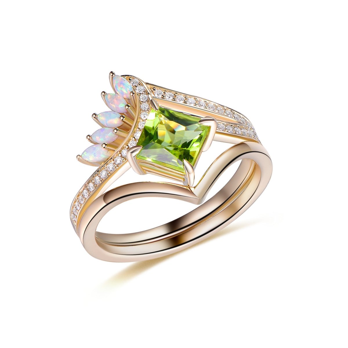 Princess Peridot Marquise Opal Bridal Set 14K Gold - Lord of Gem Rings