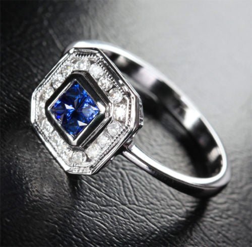 Princess Sapphire Milgrain Diamond Halo Invisible Setting Ring - Lord of Gem Rings