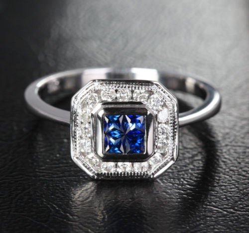 Princess Sapphire Milgrain Diamond Halo Invisible Setting Ring - Lord of Gem Rings