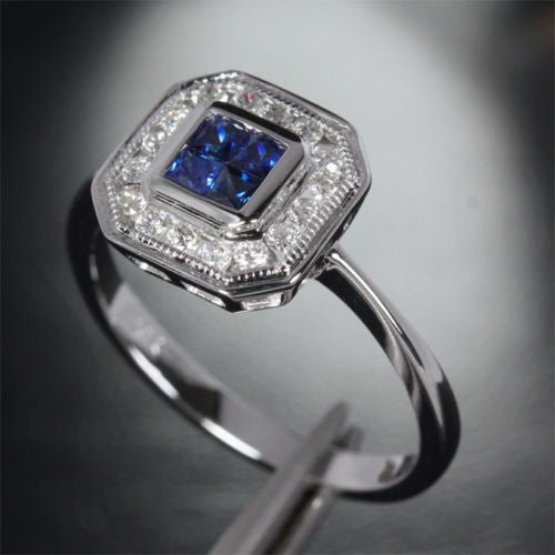 Princess Sapphire Milgrain Diamond Halo Invisible Setting Ring - Lord of Gem Rings