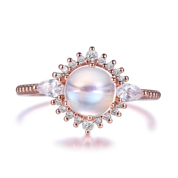 Prong - Set Round Moonstone Floral Halo Pear Diamond Accents Ring - Lord of Gem Rings