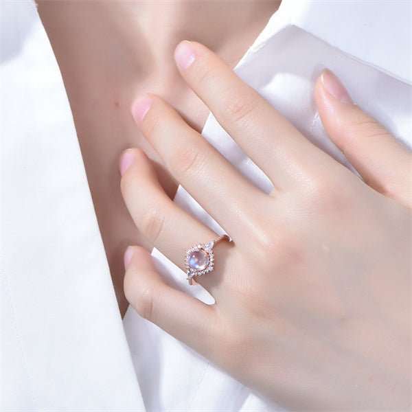 Prong - Set Round Moonstone Floral Halo Pear Diamond Accents Ring - Lord of Gem Rings