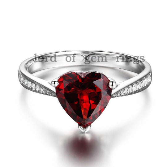 Red Garnet Diamond Accents Heart Ring 14K White Gold