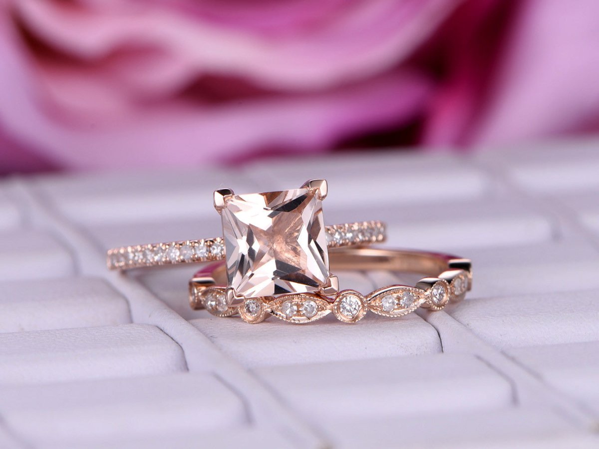 Princess Morganite Ring United-as-One Set Art Deco Diamond Wedding