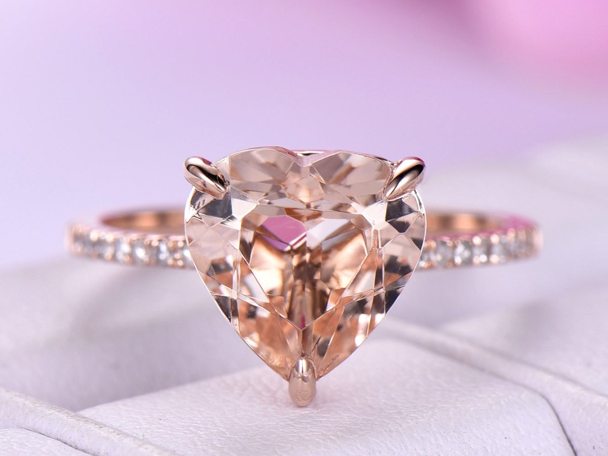 Heart Morganite Engagement Ring Pave Diamond Wedding 14K Rose Gold