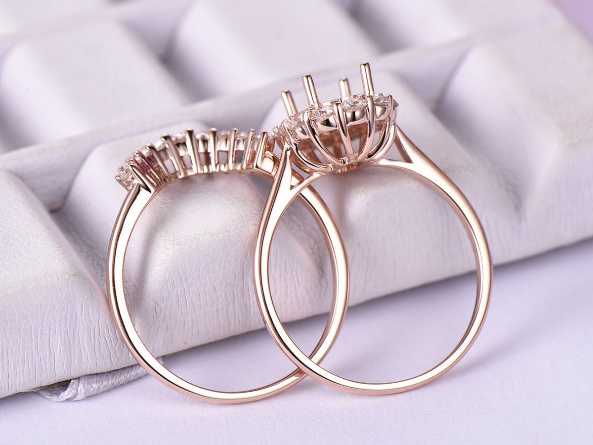 Custom Bridal Set Moissanite Halo Contour Wedding Band 14K Rose Gold