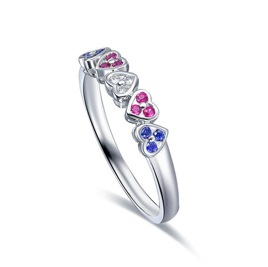 Reserved for Katreen: 5 Heart Diamond Ruby Sapphire Wedding Band 14K White Gold