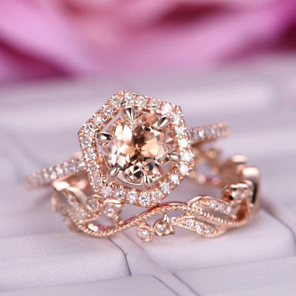Round Morganite Engagement Ring Sets Floral Wedding Band 14K Rose Gold