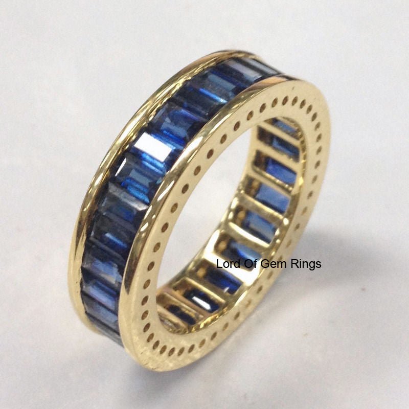 Baguette Blue Sapphire Wedding Band Eternity Ring 18K White Gold