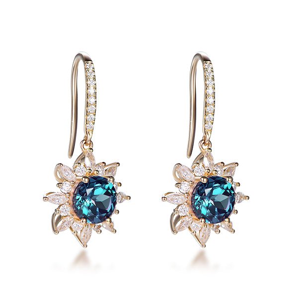 Round Alexandrite Marquise Moissanite Hook Earrings 14K Gold - Lord of Gem Rings