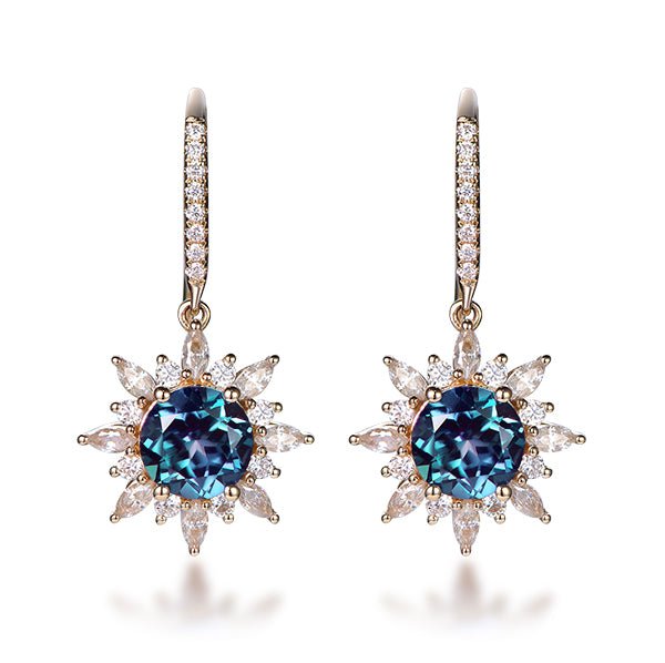 Round Alexandrite Marquise Moissanite Hook Earrings 14K Gold - Lord of Gem Rings