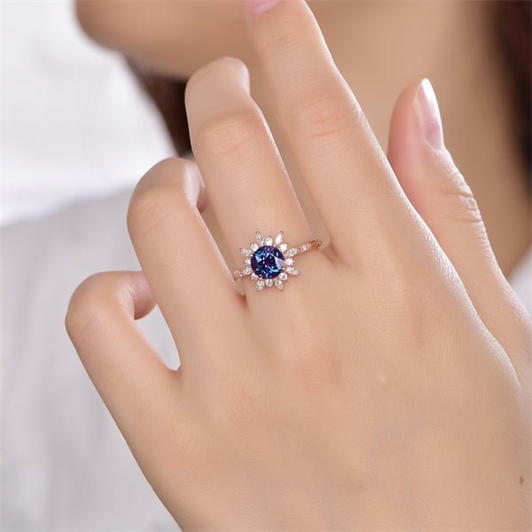 Round Alexandrite Ring Marquise Moissanite Halo 14K Rose Gold - Lord of Gem Rings
