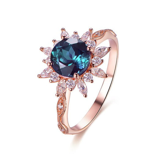 Round Alexandrite Ring Marquise Moissanite Halo 14K Rose Gold