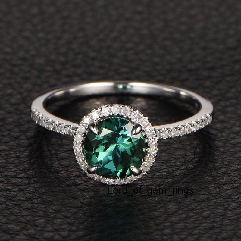Round Blue Tourmaline Diamond Halo Engagement Ring - Lord of Gem Rings