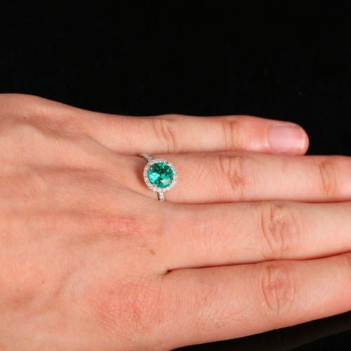 Round Emerald Diamond Halo THIN DESIGN Engagement Ring - Lord of Gem Rings