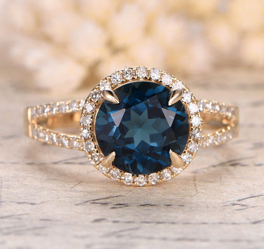 Round London Blue Topaz Diamond Halo Split Shank Engagement Ring