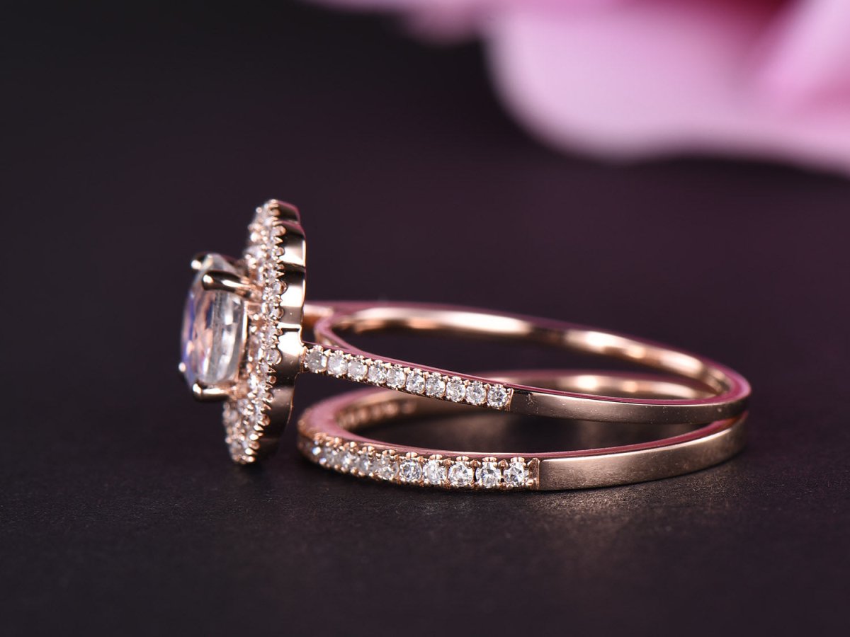Round Moonstone Ring Diamond Double Halo Bridal Set - Lord of Gem Rings