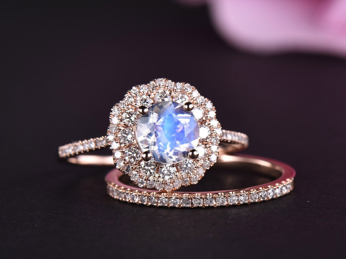 Round Moonstone Ring Diamond Double Halo Bridal Set - Lord of Gem Rings