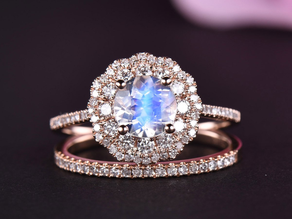 Round Moonstone Ring Diamond Double Halo Bridal Set - Lord of Gem Rings