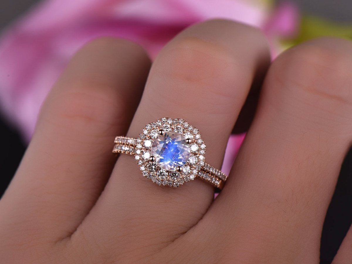 Round Moonstone Ring Diamond Double Halo Bridal Set - Lord of Gem Rings