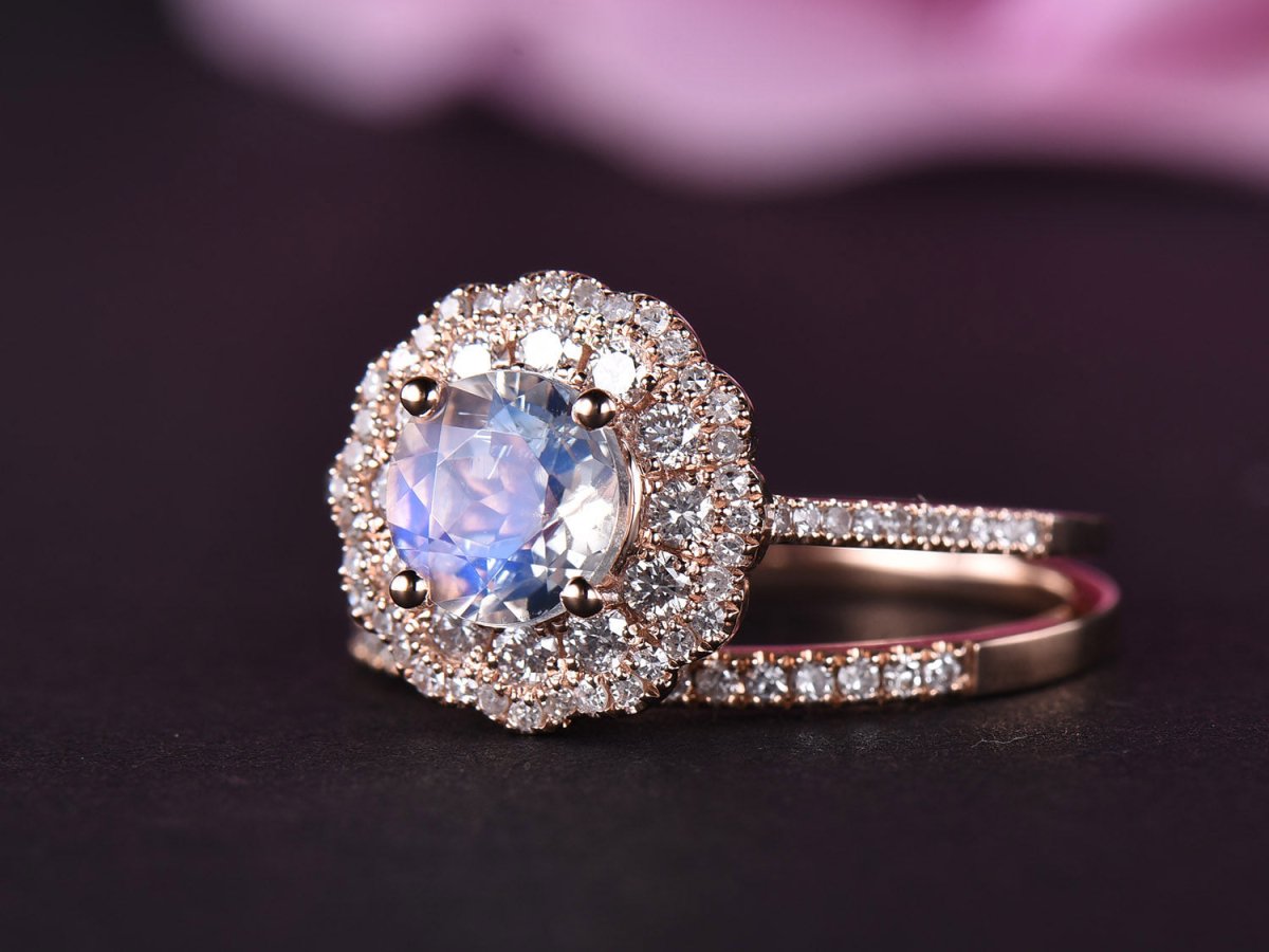 Round Moonstone Ring Diamond Double Halo Bridal Set - Lord of Gem Rings