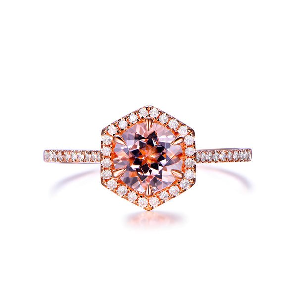 Round Morganite Ring Hexagon Diamond Halo - Lord of Gem Rings