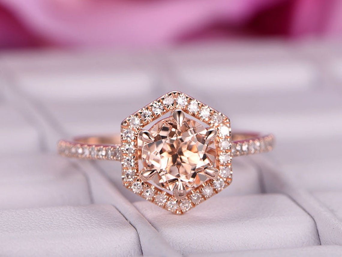 Round Morganite Ring Hexagon Diamond Halo - Lord of Gem Rings