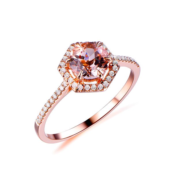 Round Morganite Ring Hexagon Diamond Halo - Lord of Gem Rings