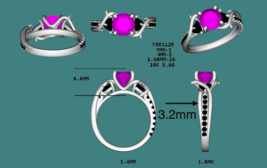 CAD Design Fee - Round Natural Purple Amethyst Engagement Ring Black Accent Diamond 18k white gold