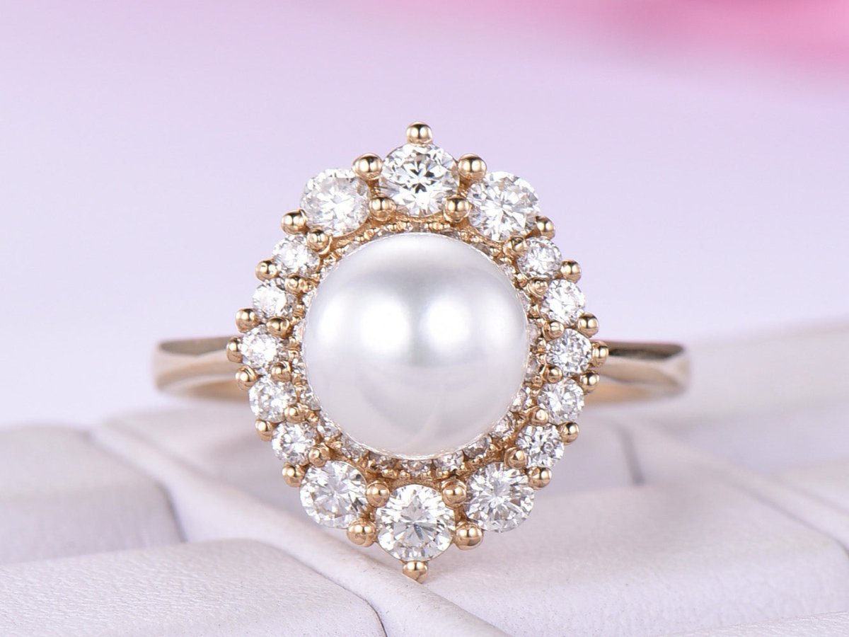 Round Pearl Ring Graduated Diamond Double Halo 14K Yellow Gold - Lord of Gem Rings