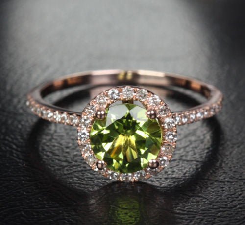 Round Peridot Diamond Halo Engagement Ring 14K Rose Gold - Lord of Gem Rings