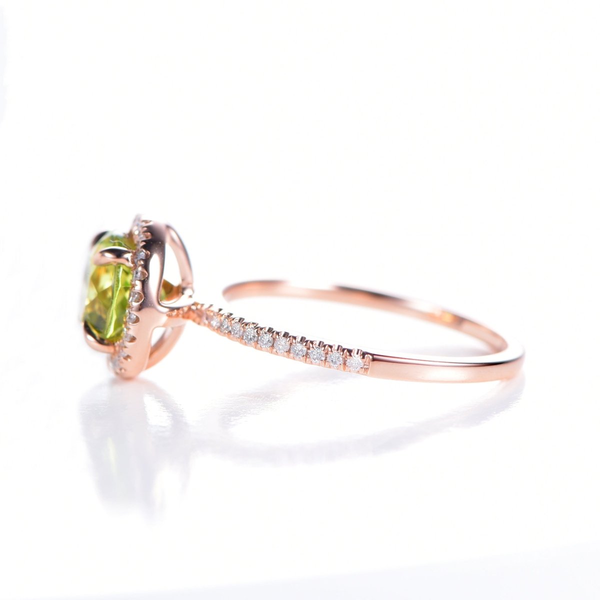 Round Peridot Diamond Halo Engagement Ring 14K Rose Gold - Lord of Gem Rings