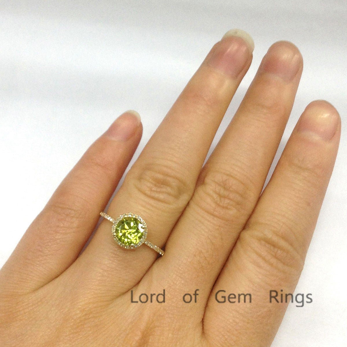 Round Peridot Diamond Halo Engagement Ring 14K Rose Gold - Lord of Gem Rings