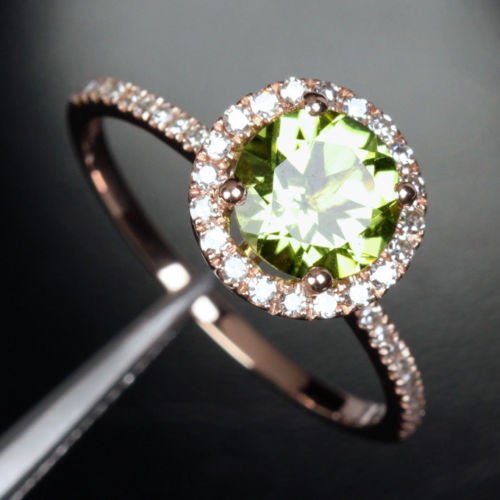 Round Peridot Diamond Halo Engagement Ring 14K Rose Gold - Lord of Gem Rings