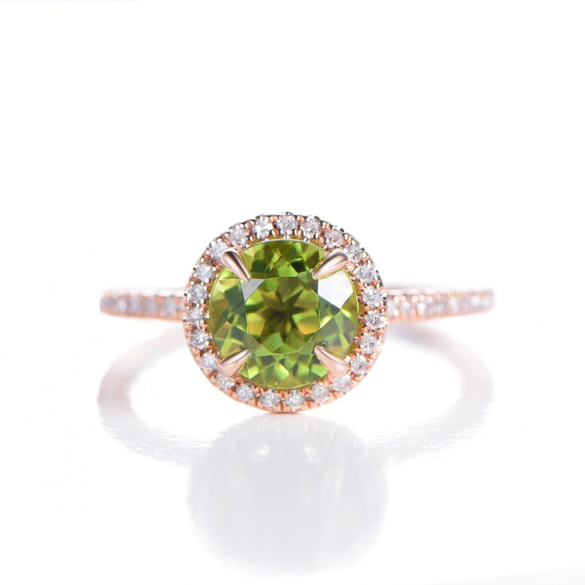 Round Peridot Diamond Halo Engagement Ring 14K Rose Gold - Lord of Gem Rings