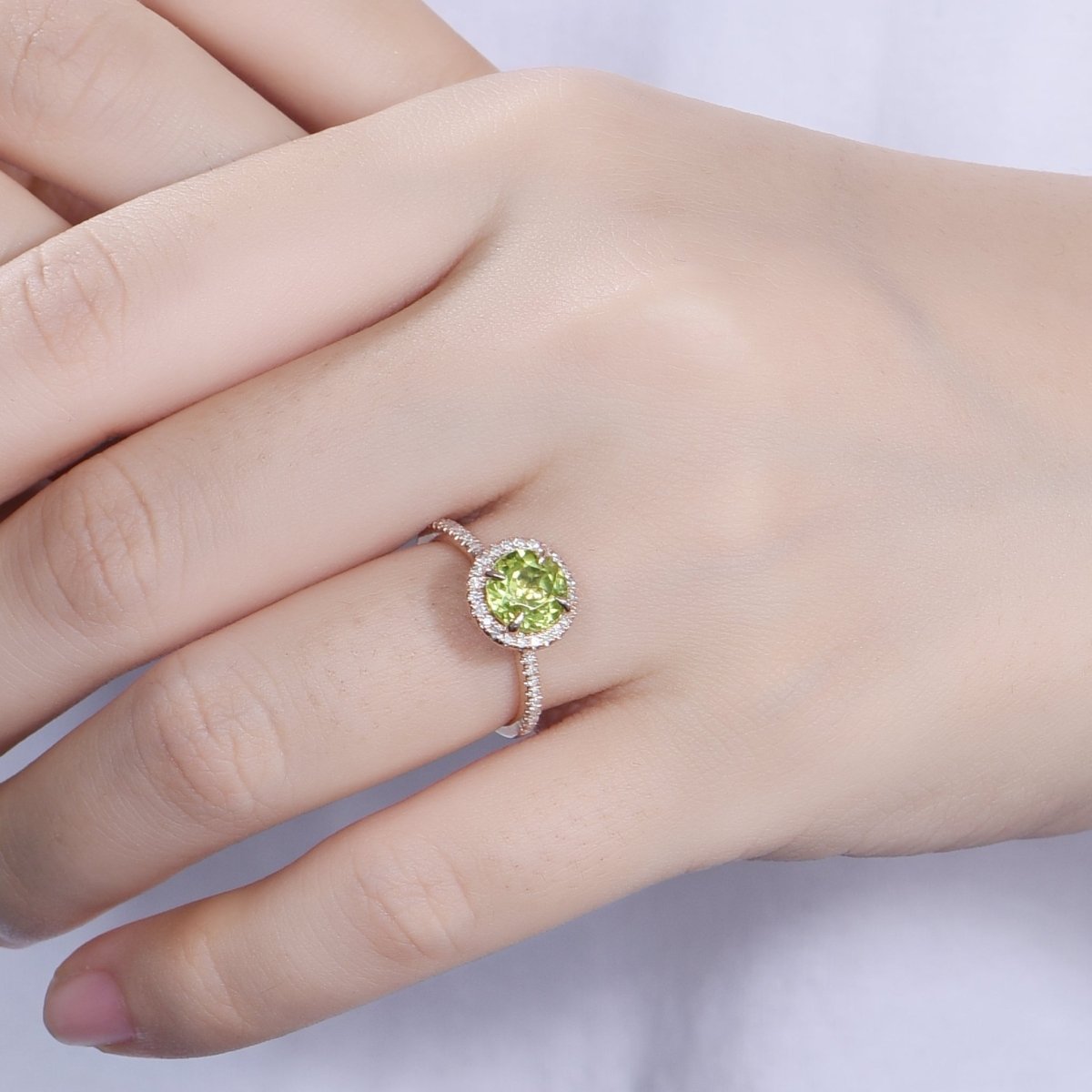 Round Peridot Diamond Halo Engagement Ring 14K Rose Gold - Lord of Gem Rings